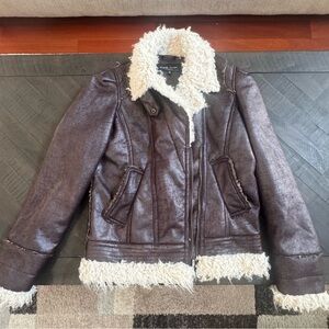 Black Rivet Dark Brown Leather Jacket with Cream Shearling